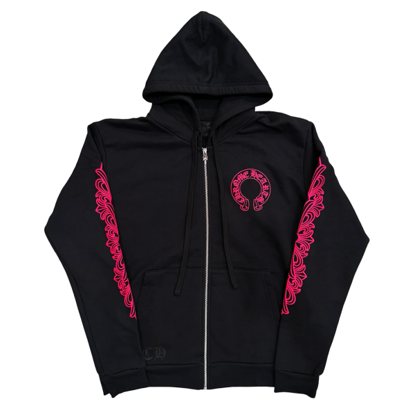 Chrome Hearts HORESHOE LOGO ZIP UP HOODIE “Black/Pink” - L
